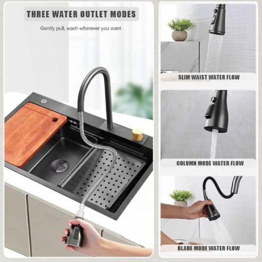 Chậu rửa chén 1 hộc vòi thác nước phủ nano đen mã