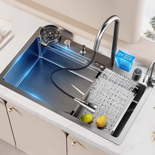 Chậu rửa chén 1 hộc vòi thác nước, hiển thị nhiệt độ INOX SUS 304 mã