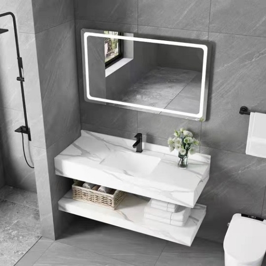 Bàn đá Lavabo 2 tầng chống trầy màu trắng