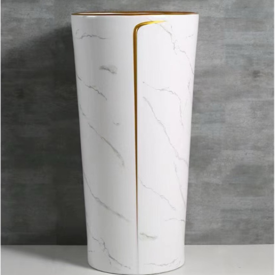 Lavabo trụ đứng tròn trắng vân mây chỉ vàng